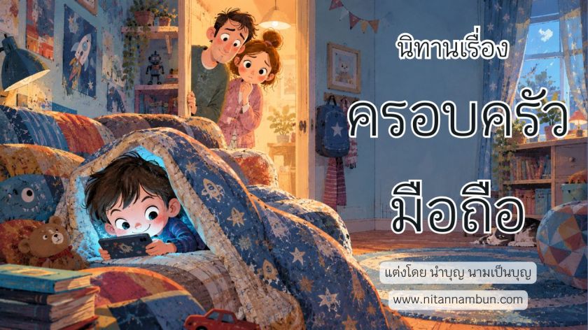 เด็กชายกำลังเล่นโทรศัพท์มือถืออยู่ใต้ผ้าห่มภายในห้องนอน ขณะที่คุณพ่อและคุณแม่ยืนมองอยู่ที่หน้าประตู จากนิทานสอนใจเรื่องครอบครัวมือถือ