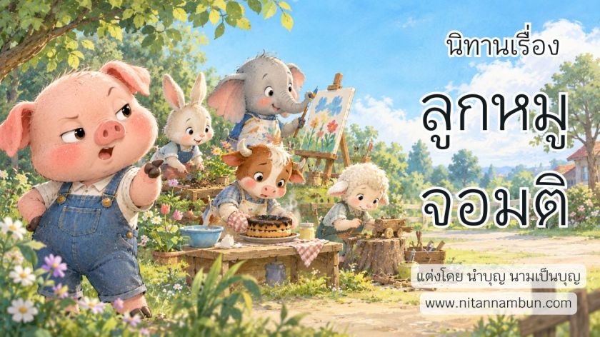 ลูกหมูกำลังชี้ตำหนิเพื่อนสัตว์ที่กำลังฝึกปลูกดอกไม้ วาดภาพ ทำขนม และประดิษฐ์ของเล่น จากนิทานสอนใจเรื่องลูกหมูจอมติ