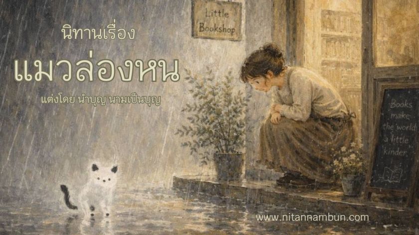 ภาพหน้าปกนิทานแมวล่องหน หน้าร้านหนังสือเล็กๆ ฝนตก มีเด็กนั่งมองแมวขาวตัวเล็ก