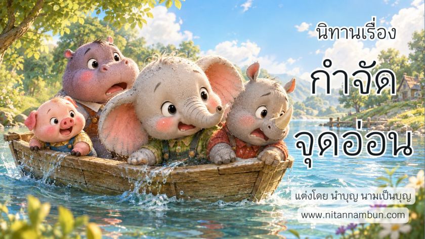 หมูอู๊ด ฮิปโป ช้างอึ๋ม และแรดอึดกำลังนั่งอยู่บนเรือลำเล็กกลางทะเลสาบที่กำลังรั่ว เพื่อช่วยกันเอาชีวิตรอดจากวิกฤตในนิทานเรื่องกำจัดจุดอ่อน