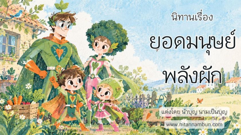 ครอบครัวยอดมนุษย์พลังผักยืนอยู่ในสวนผัก โดยมาร์และมูนสวมชุดฮีโร่พลังผักท่ามกลางผักนานาชนิด จากนิทานเรื่องยอดมนุษย์พลังผัก