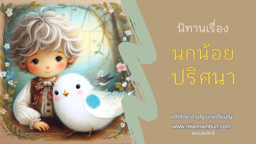 เด็กชายผมนุ่มหยิกคู่กับนกน้อยสีขาว ภาพประกอบนิทานเรื่องนกน้อยปริศนา