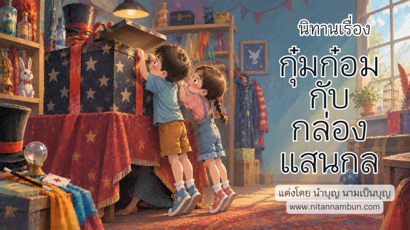 กุ๋มและก๋อมกำลังแอบเปิดกล่องมายากลปริศนาภายในห้องเก็บอุปกรณ์ของนักมายากล จากนิทานสอนใจเรื่องกุ๋มก๋อมกับกล่องแสนกล