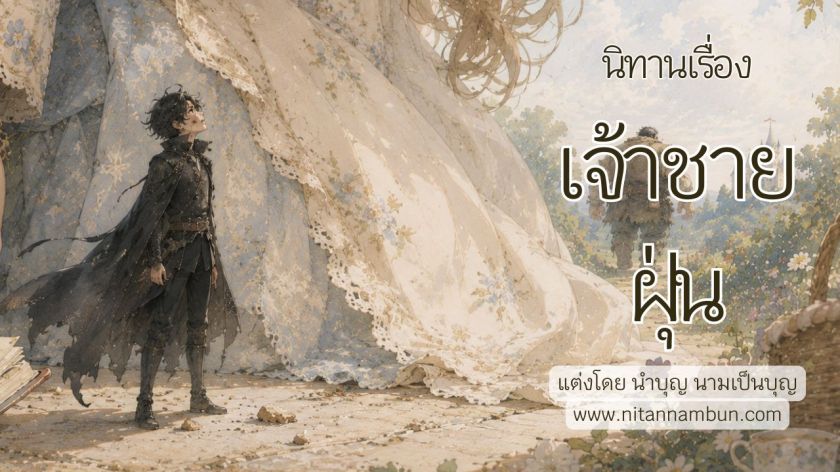 ภาพประกอบแฟนตาซี เจ้าชายฝุ่นยืนบนพื้นหิน มองขึ้นไปยังร่างสูงในชุดวิจิตรลายดอกไม้ ฉากหลังมีปราสาทและดอกไม้สีพาสเทล