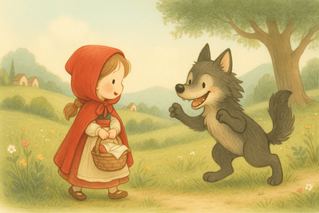 รูปหนูน้อยหมวกแดงเดินในป่า ภาพวาดนิทานสไตล์อบอุ่นสำหรับเด็ก