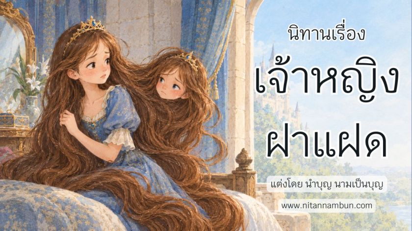 เจ้าหญิงฝาแฝดสวมชุดสีฟ้าและมงกุฎทองนั่งในห้อง