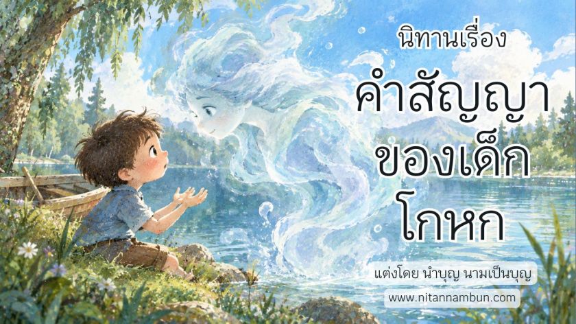 เด็กชายกำลังพูดคุยกับพรายน้ำริมทะเลสาบ ในนิทานสอนใจเรื่องคำสัญญาของเด็กโกหกเกี่ยวกับความซื่อสัตย์และการรักษาคำพูด
