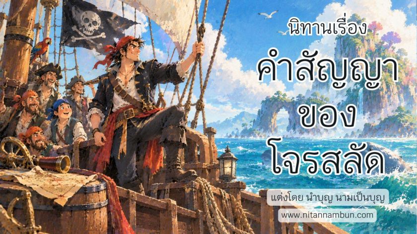 กัปตันโจรสลัดและลูกเรือกำลังแล่นเรือเข้าสู่ทะเลมนตราเพื่อตามหาขุมทรัพย์ลึกลับ จากนิทานเรื่องคำสัญญาของโจรสลัด