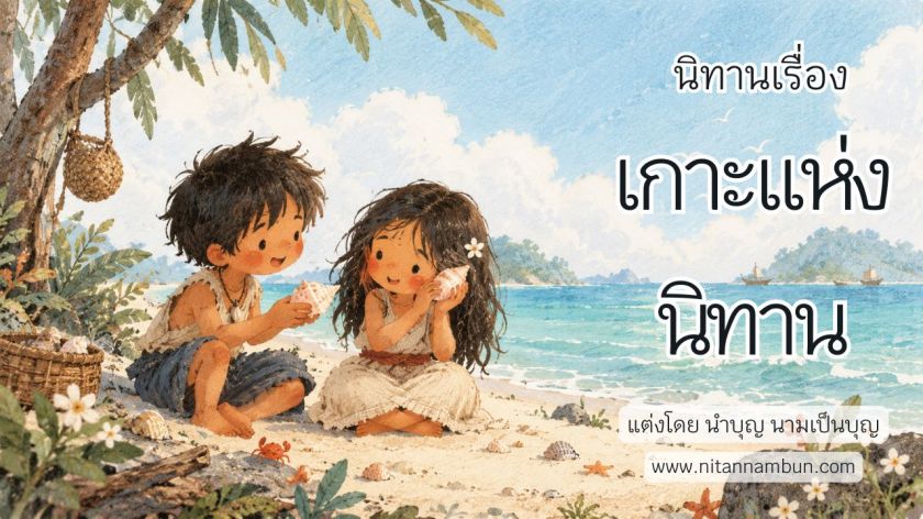 เด็กชาวทะเลสองคนนั่งฟังนิทานจากเปลือกหอยริมชายหาด ในเรื่องเกาะแห่งนิทาน นิทานก่อนนอนเสริมสร้างจินตนาการ