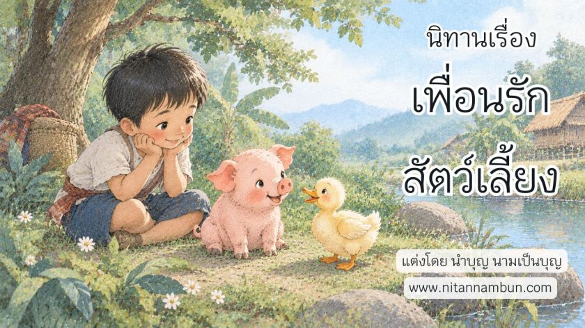 ภาพปกนิทานเรื่อง เพื่อนรักสัตว์เลี้ยง เด็กชายเขมราชนั่งเล่นกับลูกหมูและลูกเป็ดในบรรยากาศชนบทอบอุ่น