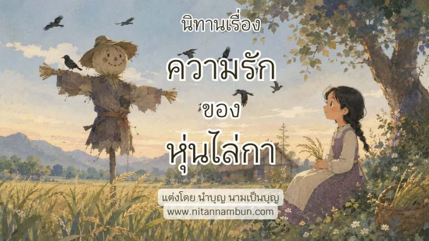 เด็กหญิงนั่งในทุ่งนามองหุ่นไล่กา พร้อมฝูงอีกาและภูเขาไกล ๆ