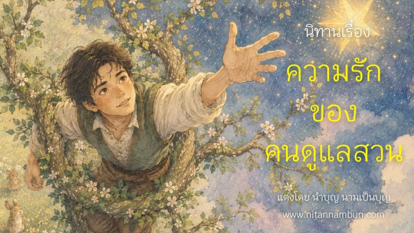 เด็กชายยืนเอื้อมมือคว้าดาว ท่ามกลางสวนดอกไม้และสัตว์น้อย ภาพประกอบนิทาน ความรักของคนดูแลสวน