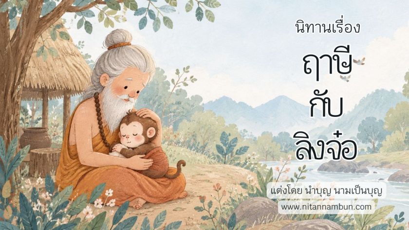 ฤาษีชราสวมจีวรสีส้มกอดลูกลิงน้อยหน้ากระท่อมกลางป่า