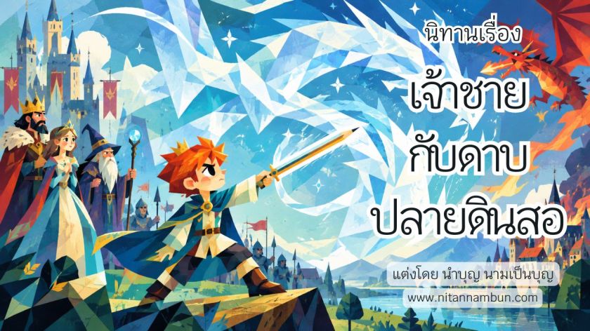 เจ้าชายถือดาบปลายดินสอเรืองแสงชี้ขึ้นฟ้า มีพระราชา พระราชินี และพ่อมดอยู่เบื้องหลัง