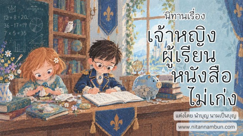 เจ้าหญิงกำลังนั่งประดิษฐ์หนังสือนิทานอย่างตั้งใจ ขณะที่เจ้าชายกำลังคำนวณตัวเลขและจัดการการเงินภายในห้องศึกษาของพระราชวัง จากนิทานเรื่องเจ้าหญิงผู้เรียนหนังสือไม่เก่ง