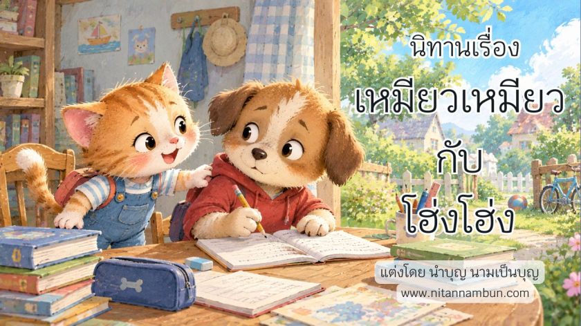 เหมียวเหมียวชวนโฮ่งโฮ่งออกไปเล่น ขณะที่โฮ่งโฮ่งกำลังตั้งใจทำการบ้าน นิทานสอนเด็กเรื่องการไม่ผัดวันประกันพรุ่ง