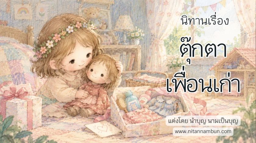 เด็กหญิงแจนนั่งบนเตียงในห้องนอนอบอุ่น สวมมงกุฎดอกไม้ กอดตุ๊กตาโมโมเพื่อนเก่าที่แม่ซื้อให้ตั้งแต่ 3 ขวบ บรรยากาศเต็มไปด้วยความรักและความทรงจำ