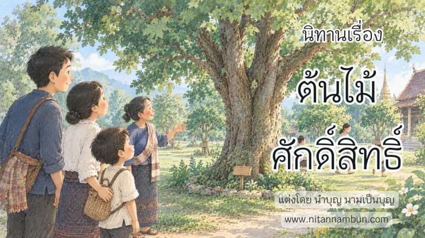 ครอบครัวยืนมองต้นไม้ใหญ่ในวัด พร้อมเรียนรู้คุณค่าของการใช้เวลาร่วมกันจากนิทานเรื่องต้นไม้ศักดิ์สิทธิ์