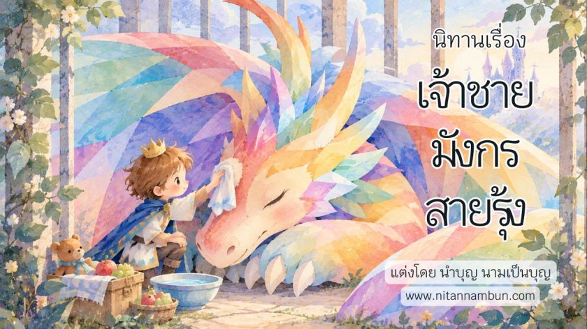 เจ้าชายสวมมงกุฎเช็ดหน้าให้มังกรสายรุ้งที่กำลังนอนพัก