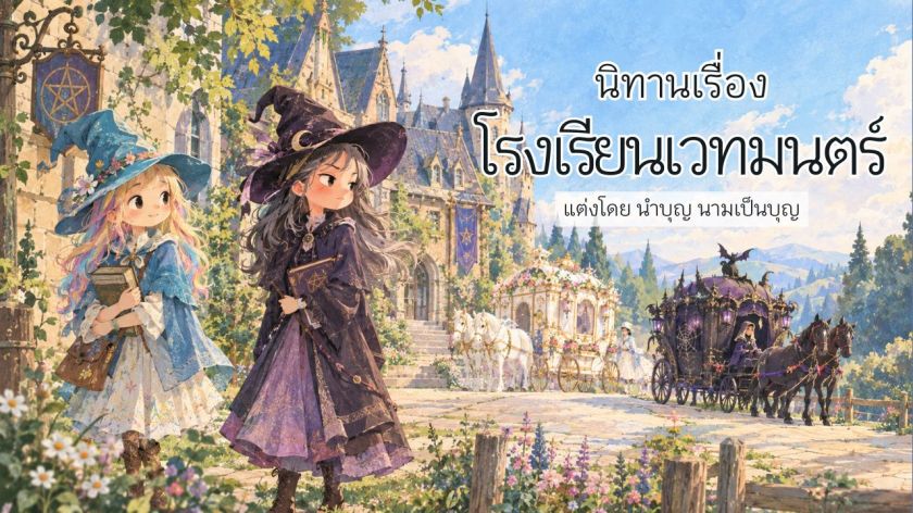 แม่มดสองคนยืนหน้าปราสาทโรงเรียนเวทมนตร์พร้อมรถม้าสีขาวและสีดำ