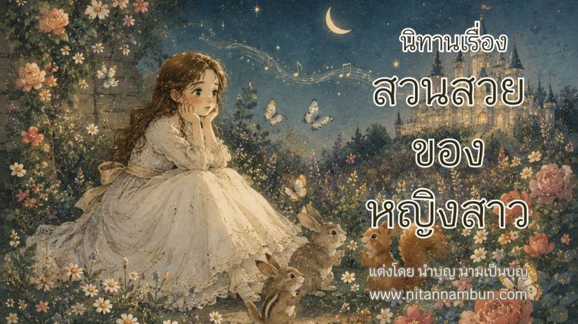 เด็กหญิงในชุดขาวนั่งในสวนดอกไม้กลางคืน มีสัตว์น้อยและปราสาทใต้แสงจันทร์