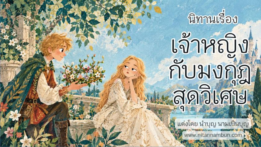 เจ้าชายจากแดนไกลกำลังยื่นมงกุฎดอกไม้ให้เจ้าหญิงผู้เอาแต่ใจ ท่ามกลางสวนดอกไม้หน้าพระราชวัง จากนิทานเรื่องเจ้าหญิงกับมงกุฎสุดวิเศษ