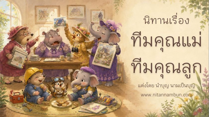 ทีมคุณแม่กำลังประชุมและเปรียบเทียบผลงานลูก ขณะที่ลูกสัตว์ทั้งสามนั่งเล่นและแบ่งขนมกันอย่างมีความสุข ในนิทานเรื่องทีมคุณแม่ ทีมคุณลูก