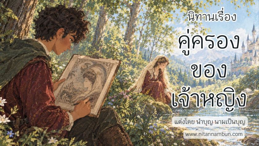 เจ้าชายกำลังนั่งวาดภาพเจ้าหญิงริมลำธารในสวนป่า โดยมีภาพวาดปริศนาที่ซ่อนใบหน้าหญิงสาวและหญิงชราอยู่ในภาพเดียวกัน จากนิทานเรื่องคู่ครองของเจ้าหญิง