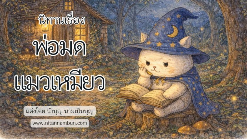 แมวสีขาวสวมหมวกและผ้าคลุมพ่อมดนั่งอ่านหนังสือบนตอไม้ในป่ากลางคืน