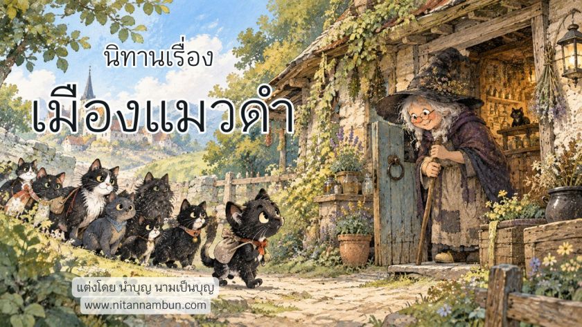 แมวดำหลายตัวเดินบนทางหินไปหาหญิงชราสวมหมวกแหลมที่ยืนหน้าบ้านกลางชนบท