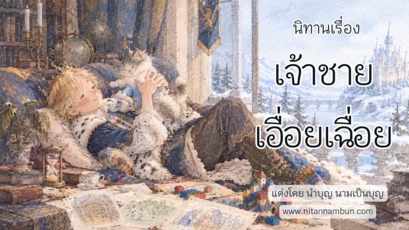 เจ้าชายเอื่อยเฉื่อยนอนพักผ่อนอยู่ในห้องของปราสาท ท่ามกลางนาฬิกาทราย หนังสือ และของเล่น สื่อถึงนิทานสอนใจเรื่องคุณค่าของเวลา