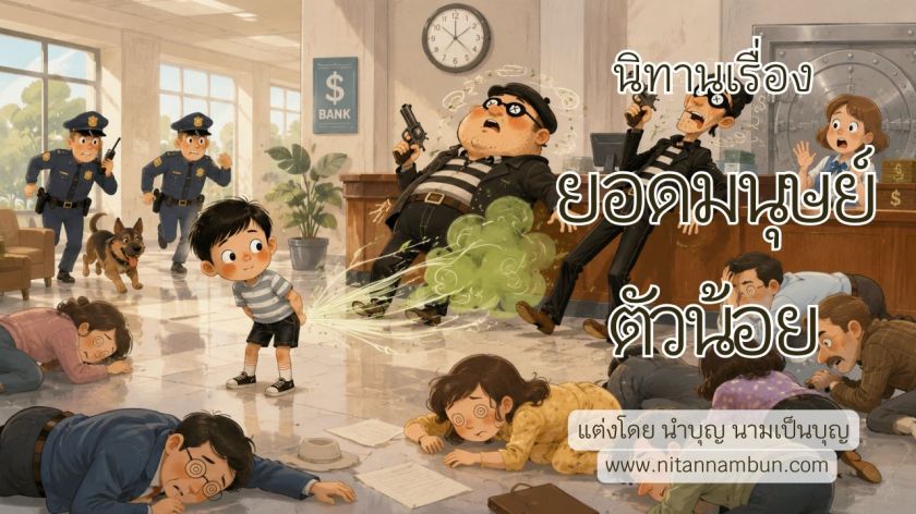 ภาพปกนิทาน ยอดมนุษย์ตัวน้อย เด็กชายใช้พลังพิเศษผายลมปราบโจรในธนาคาร
