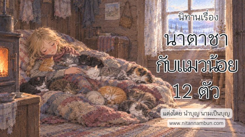 เด็กหญิงนาตาชานอนหลับบนเตียงในกระท่อมไม้ อบอุ่นด้วยผ้าห่มลายปะติด รายล้อมด้วยแมวน้อย 12 ตัว
