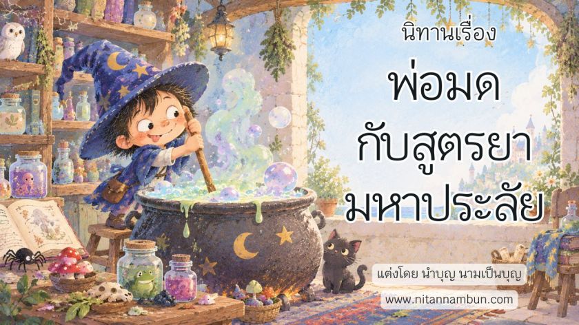 พ่อมดน้อยกำลังกวนหม้อยาวิเศษในห้องปรุงยาของโรงเรียนเวทมนตร์ ท่ามกลางขวดส่วนผสมประหลาดและควันสีรุ้ง จากนิทานเรื่องพ่อมดน้อยกับสูตรยามหาประลัย