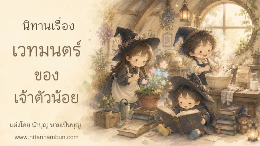 สามพี่น้องแม่มดน้อย โมเม มูมมาม มอมแมม อยู่ในห้องอบอุ่น อ่านหนังสือ เสกขนม และดูแลดอกไม้