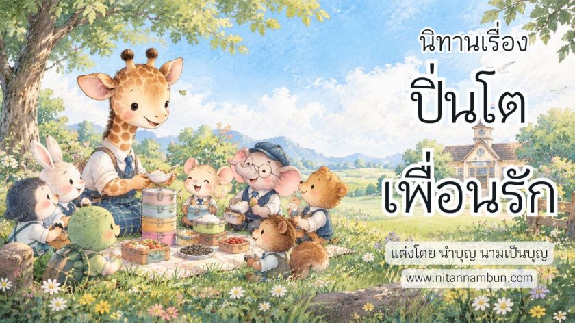 ลูกยีราฟแบ่งอาหารจากปิ่นโต 7 ชั้นให้เพื่อนสัตว์ในโรงเรียนกลางทุ่งดอกไม้ ขณะนั่งรับประทานอาหารร่วมกันอย่างอบอุ่นจากนิทานเรื่องปิ่นโตเพื่อนรัก