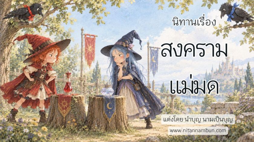 แม่มดสองคนยืนใต้ต้นไม้พร้อมขวดเวทมนตร์สีแดงและสีน้ำเงิน