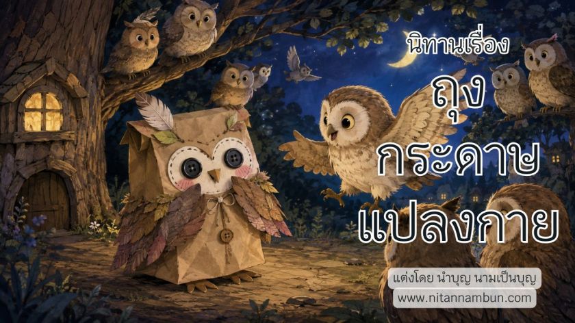 ถุงกระดาษตกแต่งเป็นนกฮูกยืนใต้ต้นไม้กลางคืน มีนกฮูกบินมาทักทาย