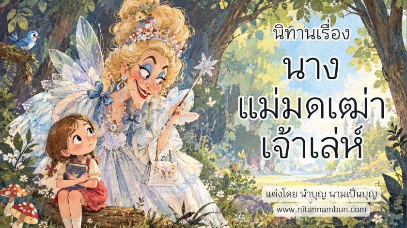 เด็กหญิงนั่งอยู่ในป่าขณะพูดคุยกับนางแม่มดเฒ่าที่ปลอมตัวเป็นนางฟ้า เพื่อหลอกล่อให้ใช้เวทมนตร์ในทางที่ผิด จากนิทานเรื่องนางแม่มดเฒ่าเจ้าเล่ห์