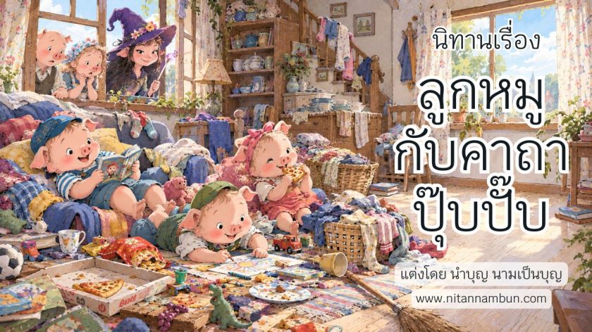 ลูกหมูสามตัวเล่นและทำกิจกรรมในห้องอบอุ่น เด็กสองคนยืนมองผ่านหน้าต่าง