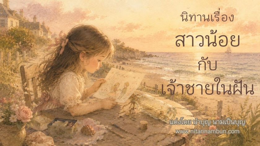 เด็กหญิงนั่งโต๊ะไม้ริมทะเล ถือภาพวาดชายหญิง พร้อมขวดแก้ว ดอกไม้ และเรือใบไกลๆ