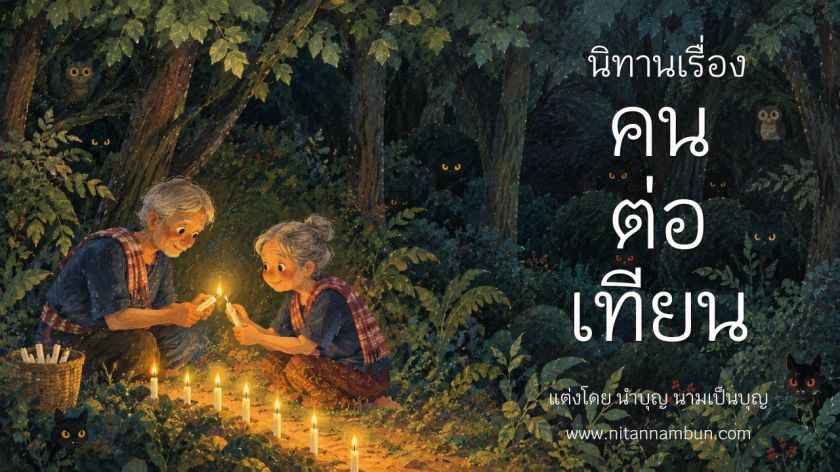 สองตายายกำลังช่วยกันจุดเทียนกลางป่ามืดในยามค่ำคืน เพื่อให้แสงสว่างแก่ผู้คนและนักเดินทาง จากนิทานเรื่องคนต่อเทียน
