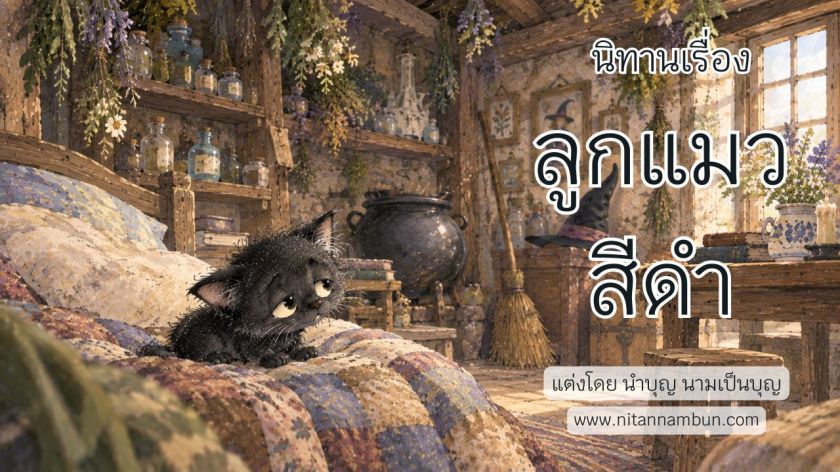 ลูกแมวสีดำตัวเล็กนั่งบนผ้าห่มลายปะติดในห้องไม้