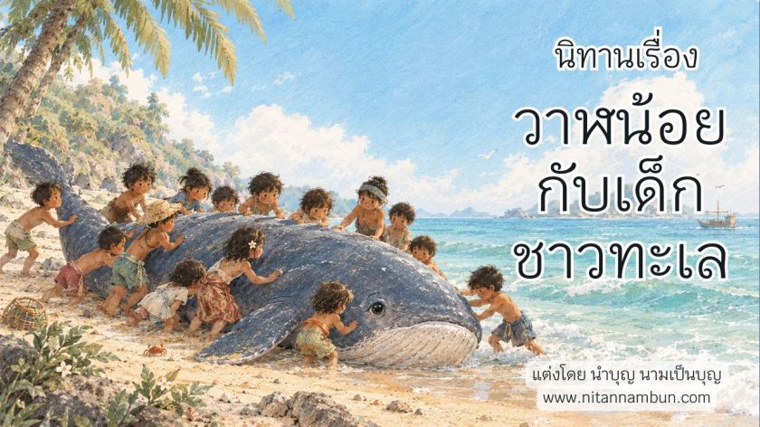 วาฬน้อยเกยตื้นบนชายหาด ขณะที่เด็กชาวทะเลช่วยกันผลักและดูแลวาฬในนิทานเรื่องวาฬน้อยกับเด็กชาวทะเล นิทานเด็กเกี่ยวกับความสามัคคีและการช่วยเหลือผู้อื่น