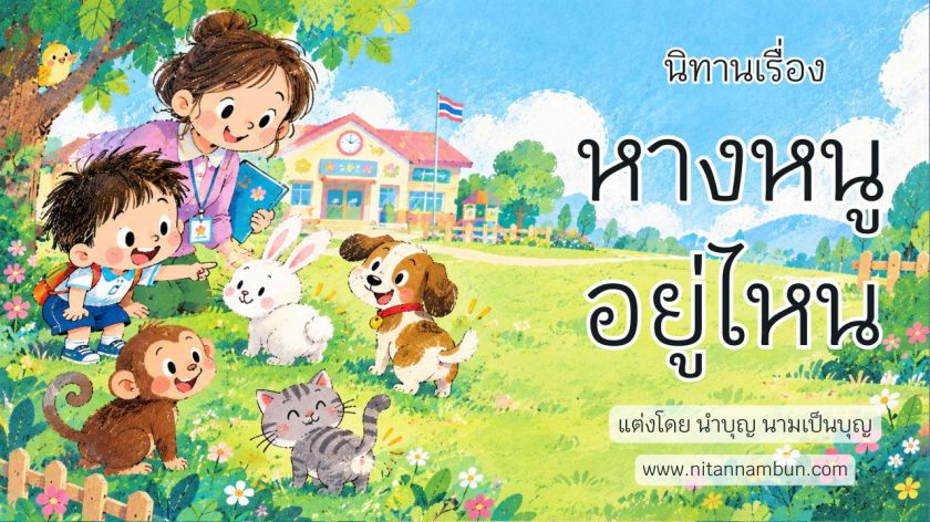 ภาพปกนิทานเรื่อง หางหนูอยู่ไหน เด็กชายกุ๊บกั๊บกับครูและสัตว์ต่าง ๆ