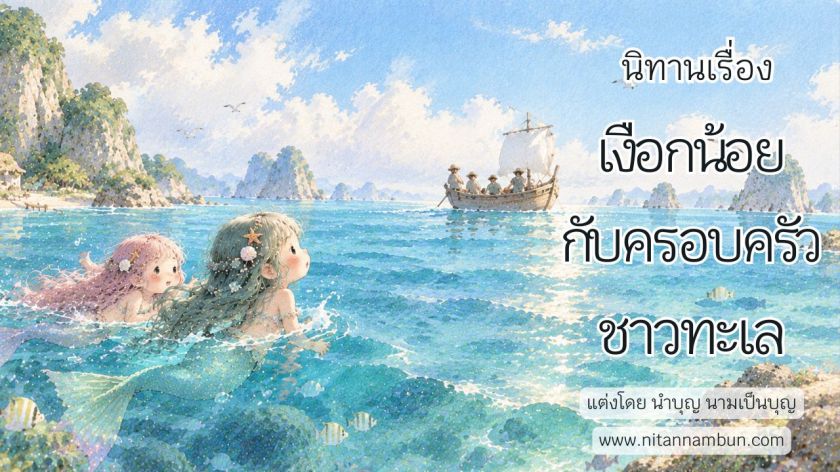 เงือกน้อยสองพี่น้องว่ายน้ำในทะเลสีครามมองไปยังเรือของครอบครัวชาวทะเลที่กำลังเข้ามาช่วยเหลือ จากนิทานเรื่องเงือกน้อยกับครอบครัวชาวทะเล