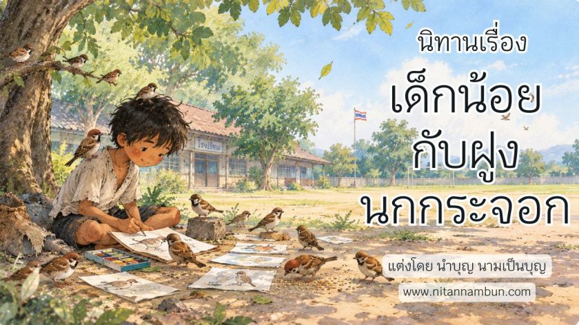 เด็กน้อยยากจนนั่งวาดภาพนกกระจอกใต้ต้นไม้ในลานโรงเรียน รายล้อมด้วยฝูงนกกระจอกจากนิทานสอนใจเรื่องเด็กน้อยกับฝูงนกกระจอก