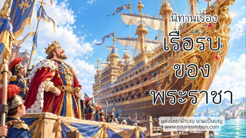 พระราชาผู้คลั่งสงครามยืนมองเรือรบขนาดยักษ์ที่ประดับด้วยทองคำและอัญมณีกลางท่าเรือ จากนิทานสอนใจเรื่องเรือรบของพระราชา