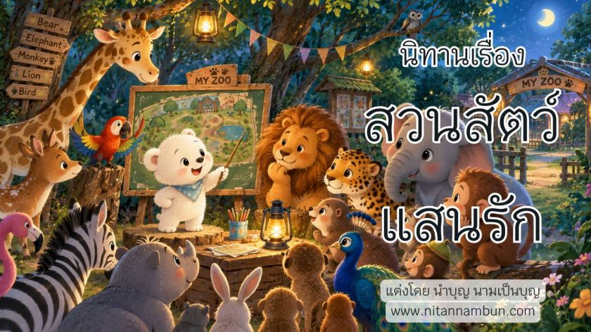 หมีขาวปุกปุยกับเพื่อนสัตว์ในสวนสัตว์แสนรัก ภาพประกอบนิทานก่อนนอน