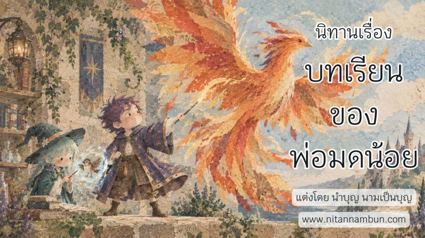 พ่อมดน้อยเมอร์ลินกำลังร่ายเวทอัญเชิญนกฟีนิกซ์เพลิง ขณะที่มารีนนั่งศึกษาตำราเวทมนตร์อย่างตั้งใจภายในสำนักเวทมนตร์ จากนิทานเรื่องบทเรียนของพ่อมดน้อย